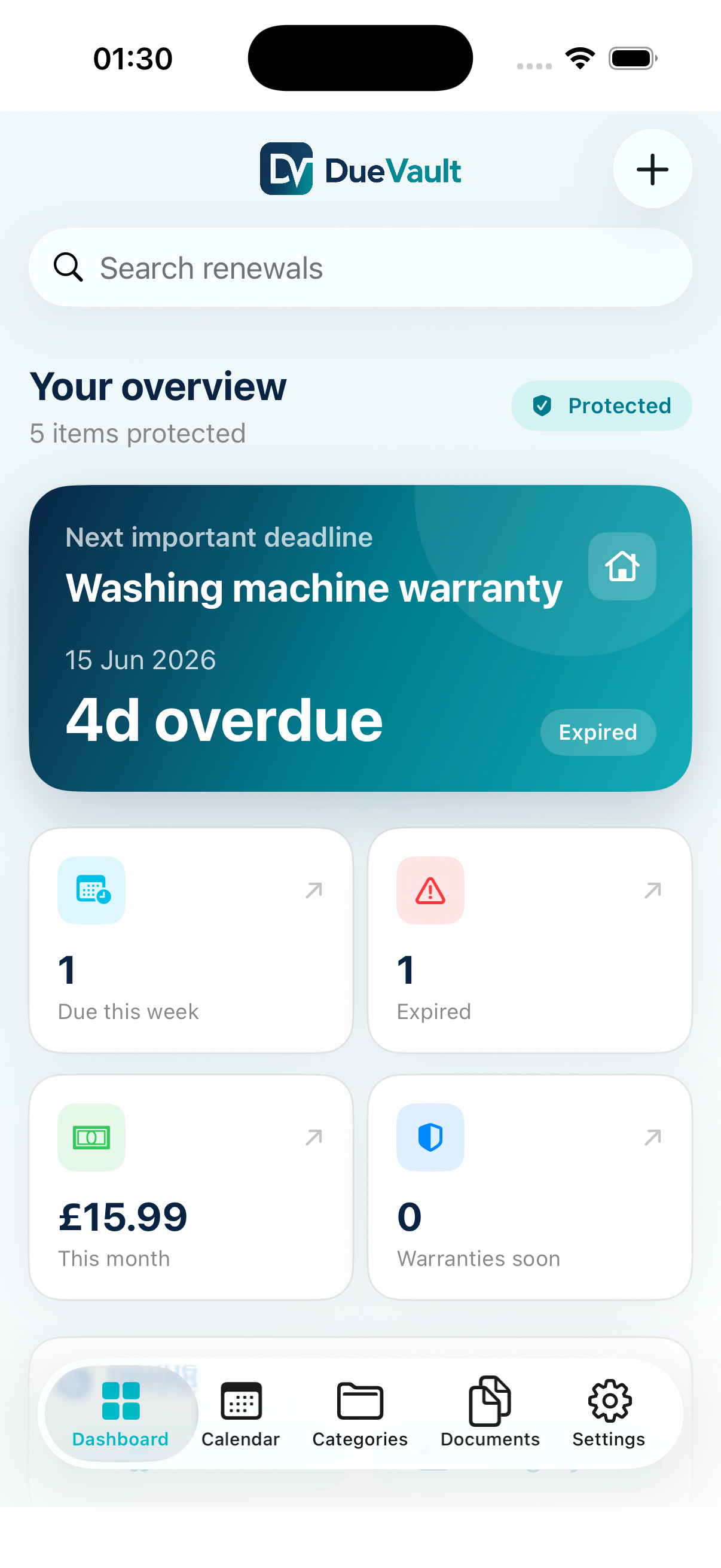 DueVault dashboard showing the next important deadline, renewal overview and calendar navigation